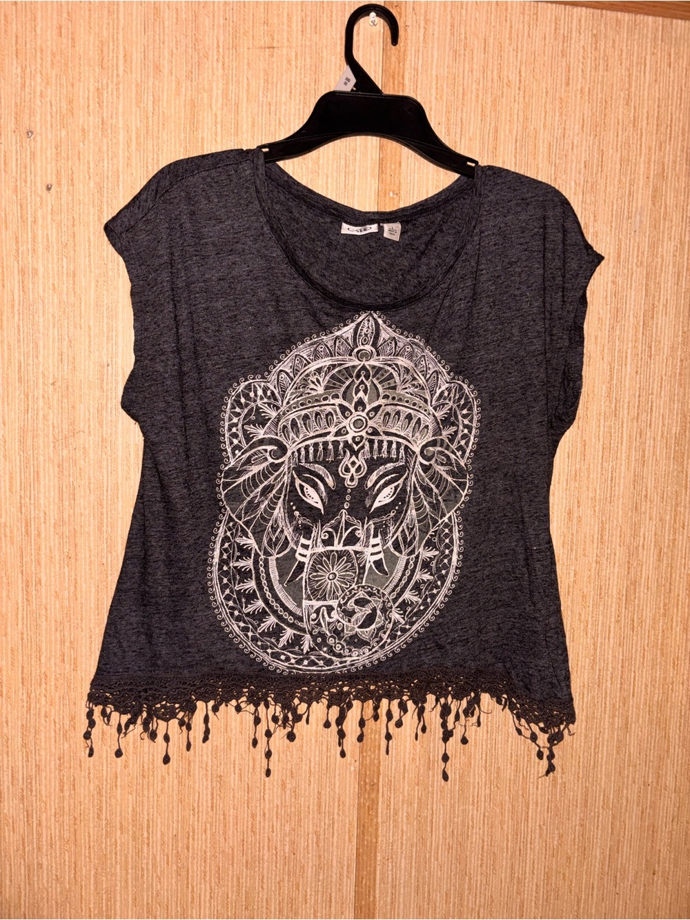 Cato Dark Gray Elephant Graphic Fringe Crop Top